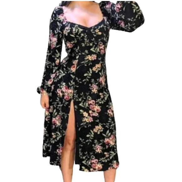 Forever 21 Black Rose Print Cottagecore Babydoll Milkmaid Chiffon Midi Dress LRG - Picture 1 of 12